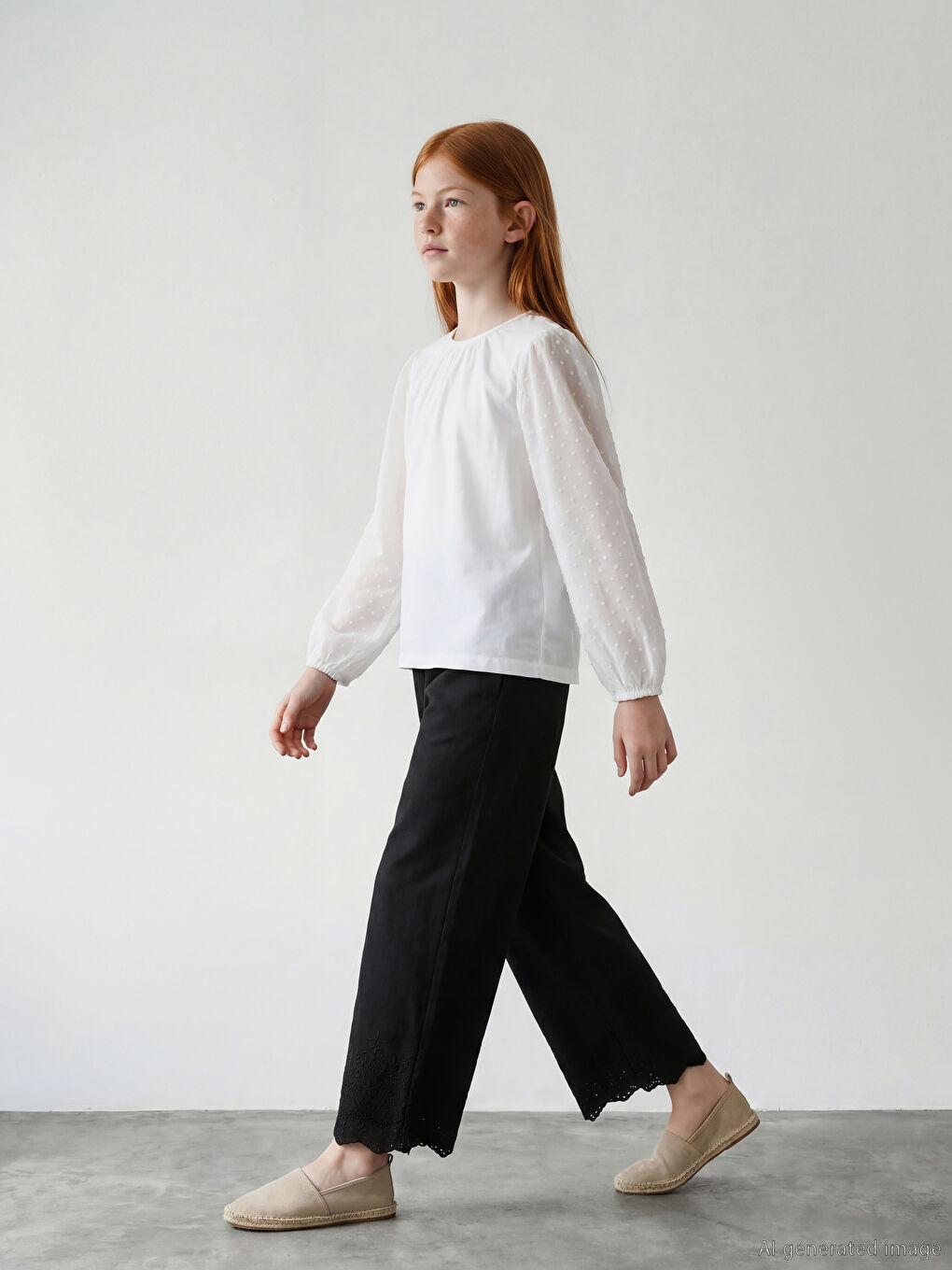 Ekru Bisiklet Yaka Puantiye Kollu Kız Çocuk Tişört-1