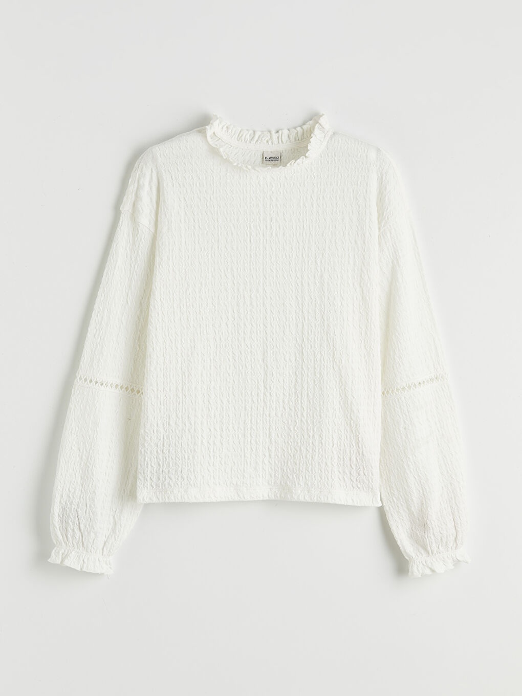 Ekru Fırfırlı Dik Yaka Yaka Kız Çocuk Tişört-1