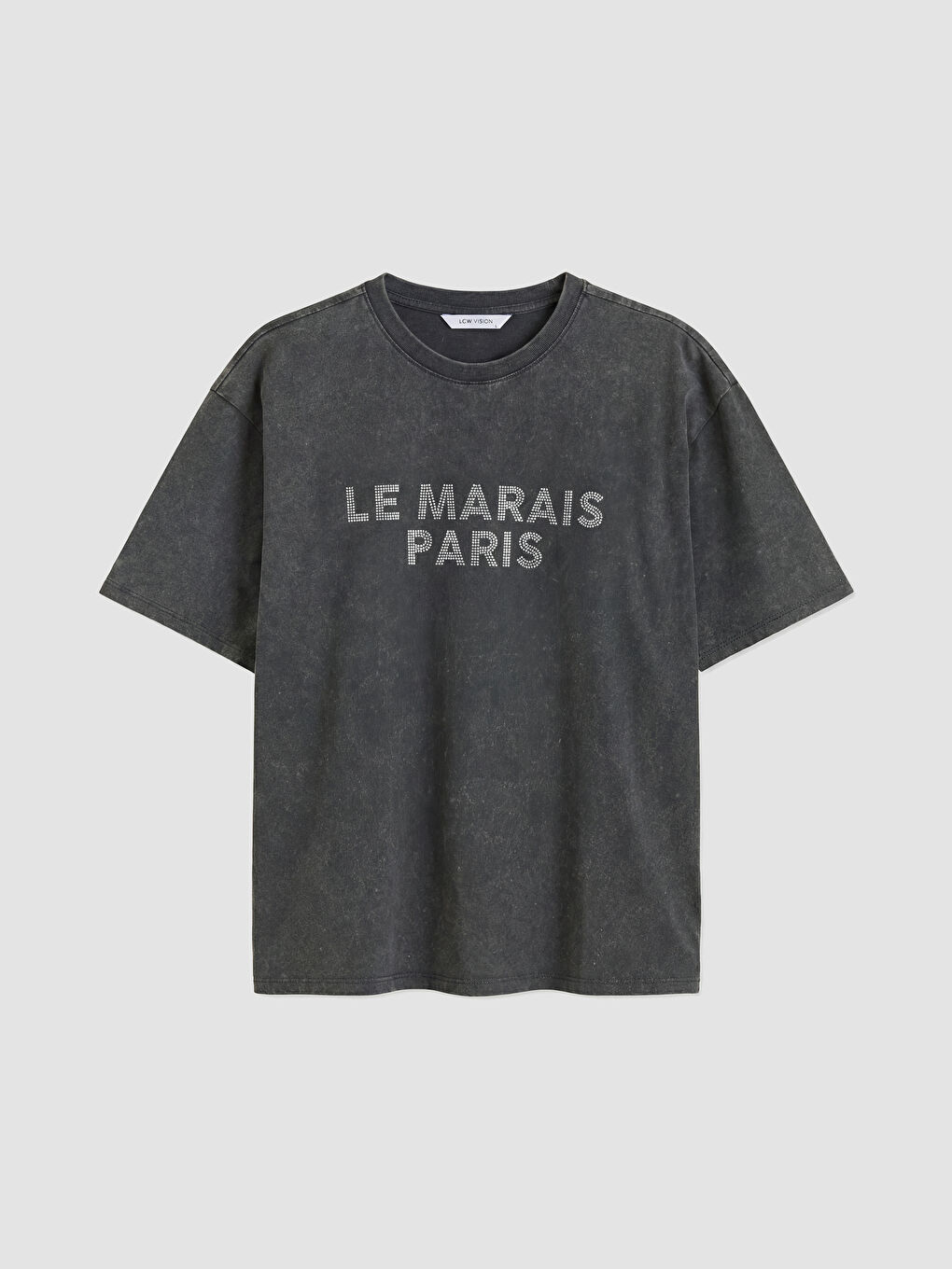 Antrasit Paris Baskılı Taşlı Oversize Kadın Tişört-4