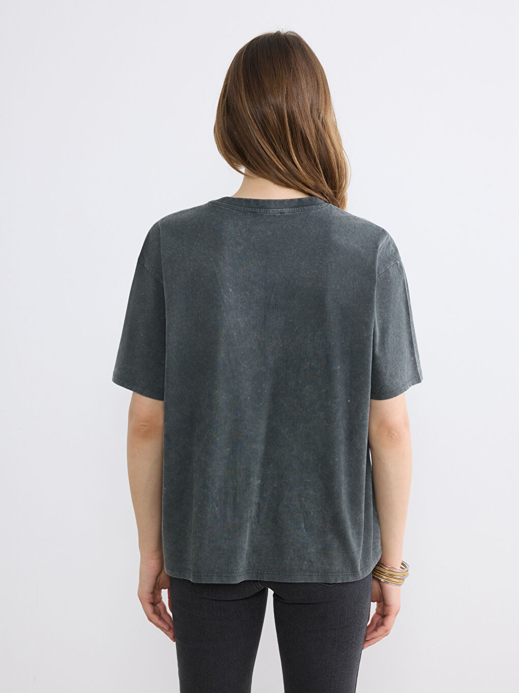 Antrasit Paris Baskılı Taşlı Oversize Kadın Tişört-3