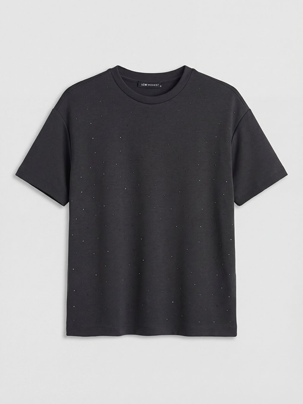 Antrasit Bisiklet Yaka Taşlı Kadın Tişört	