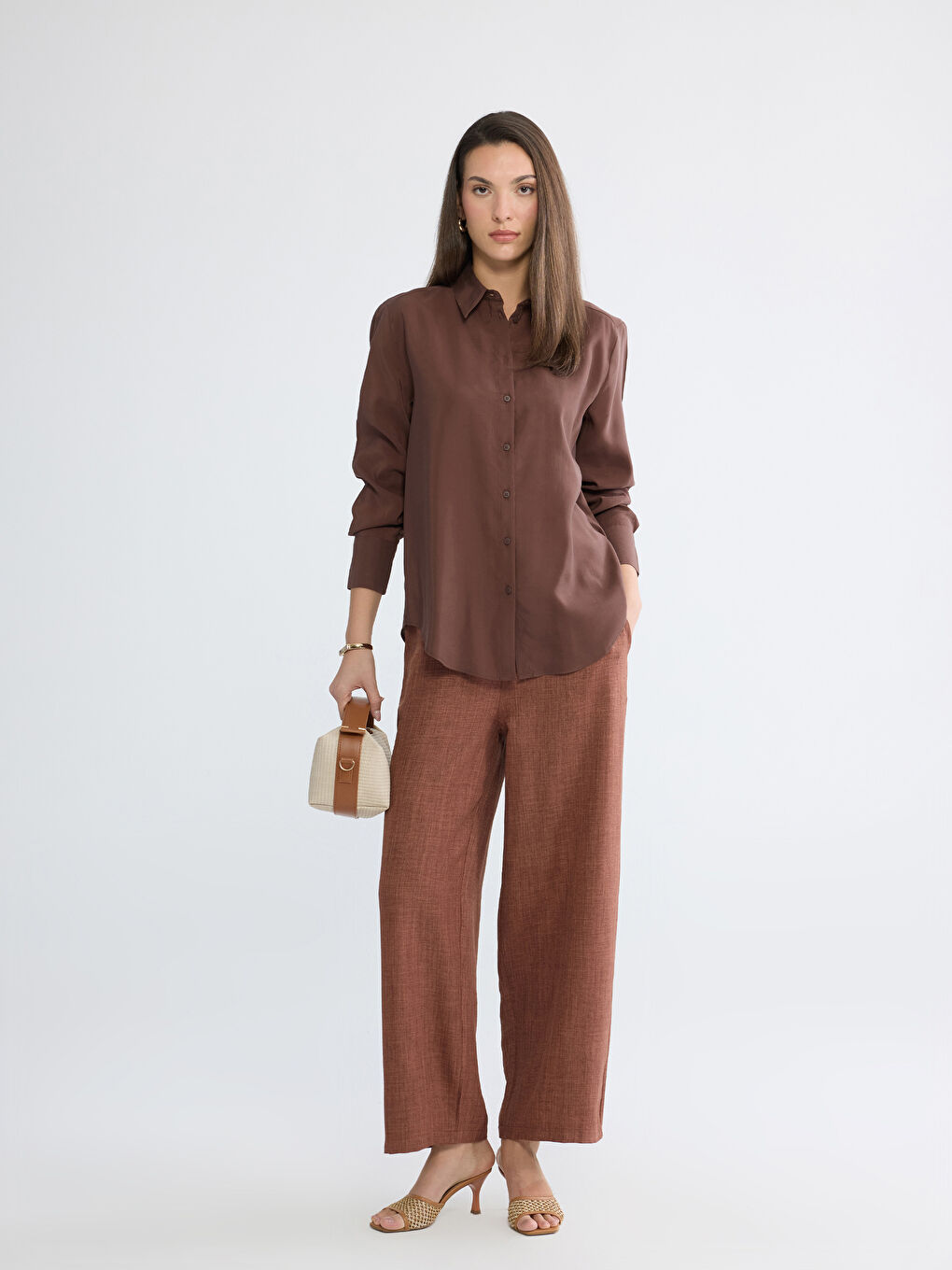 Kahverengi Beli Lastikli Geniş Paça Kadın Pantolon	