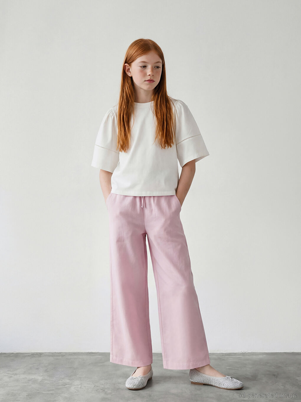 Ekru Bisiklet Yaka Kız Çocuk Tişört-1