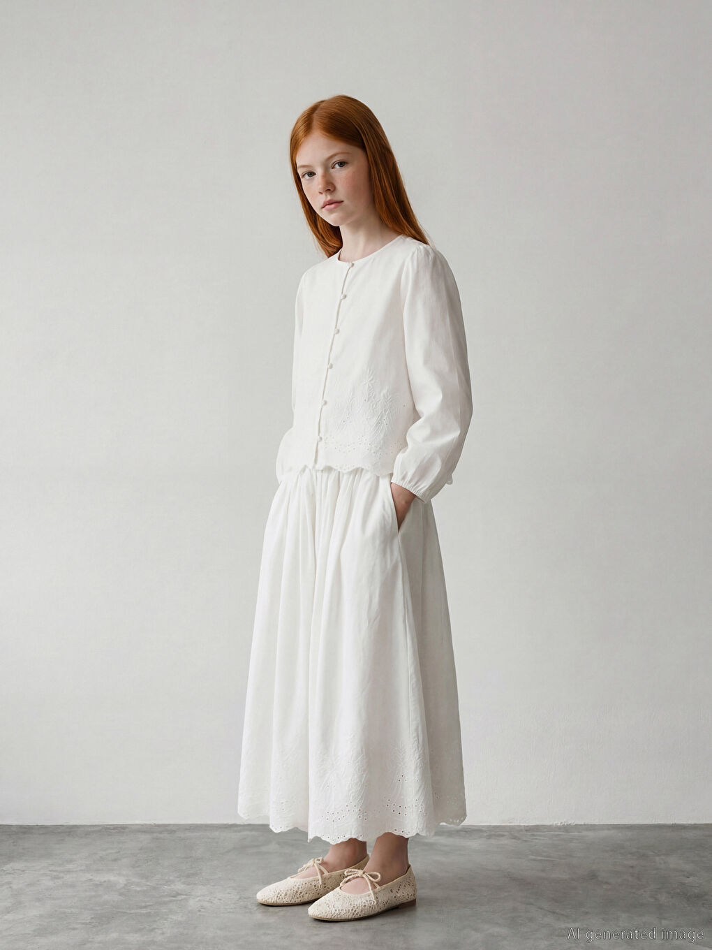 Ekru Kız Çocuk Nakışlı Etek