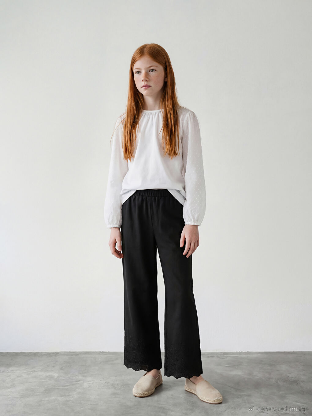 Elastic Waist Broderie Detail Girls' Trousers