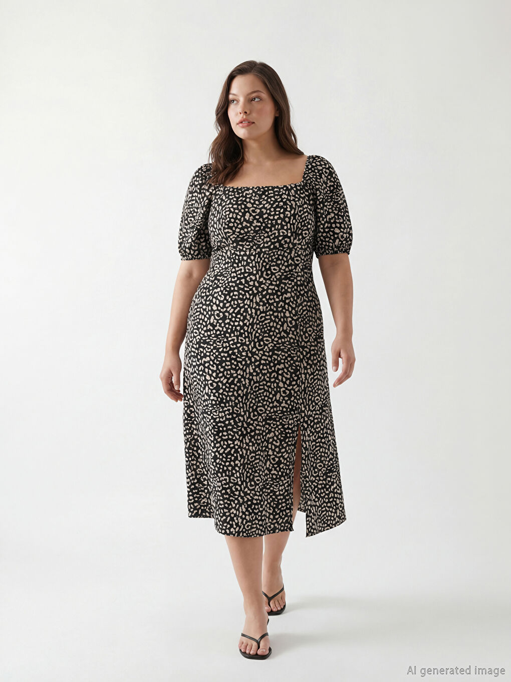 فستان ياقة مربعة كم بالون خصر محدد-1