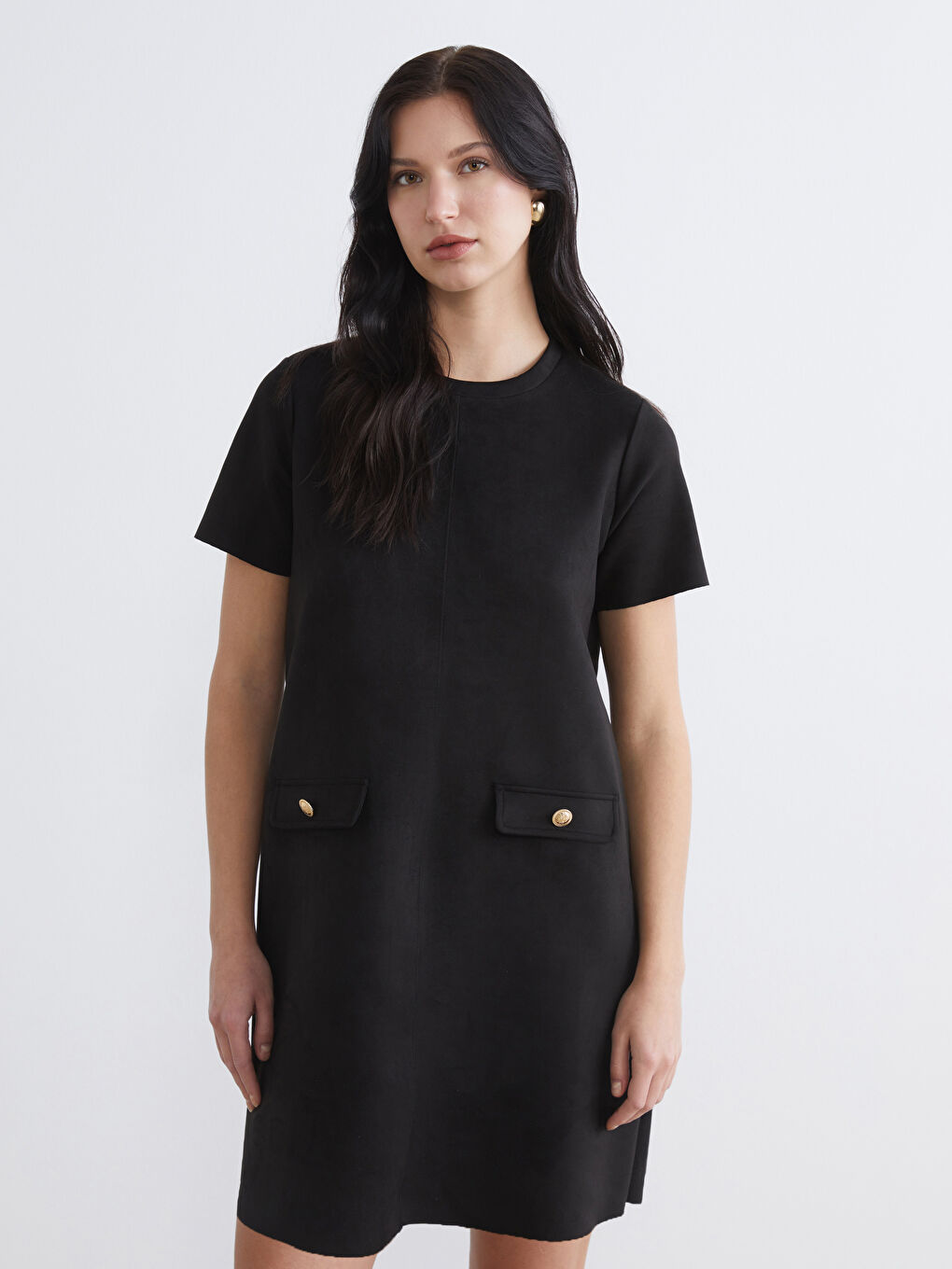 Suede-look mini dress with a crew neck.