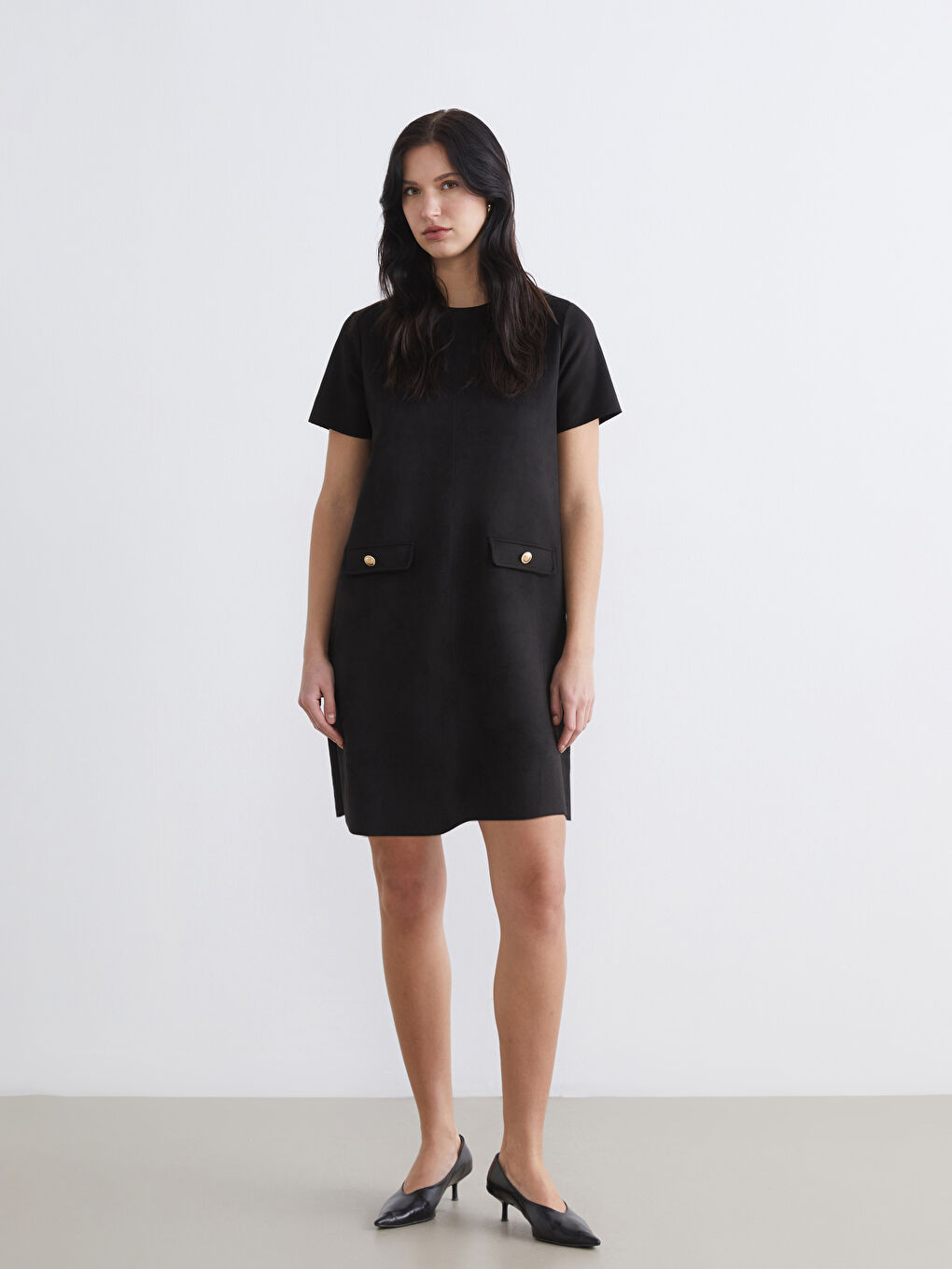 Suede-look mini dress with a crew neck.-1