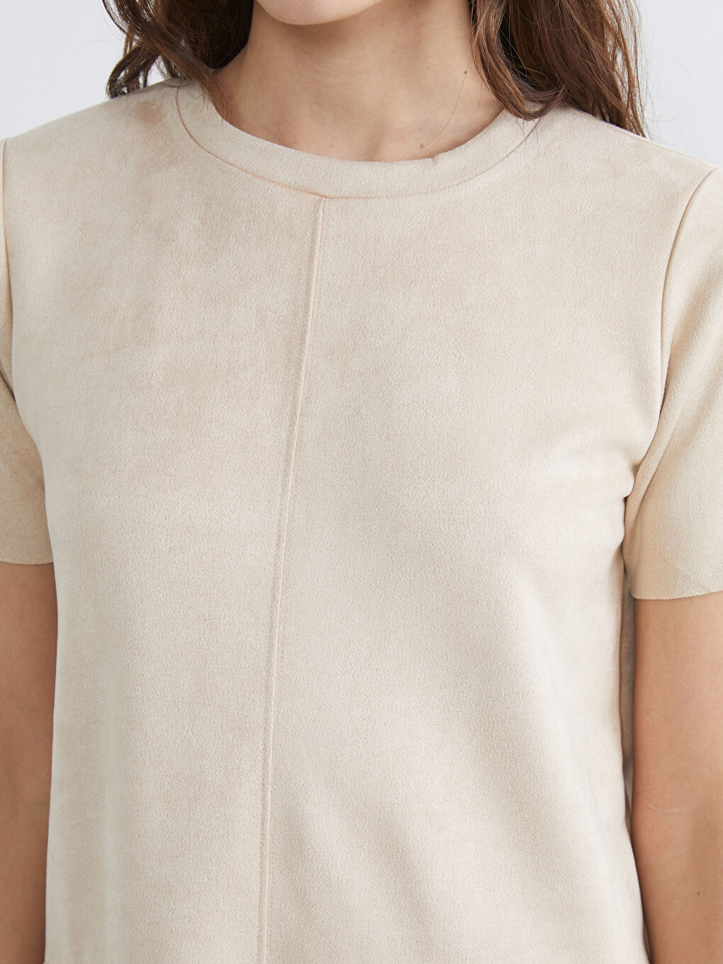 Bej Bisiklet Yaka Süet Görünümlü Elbise	-3