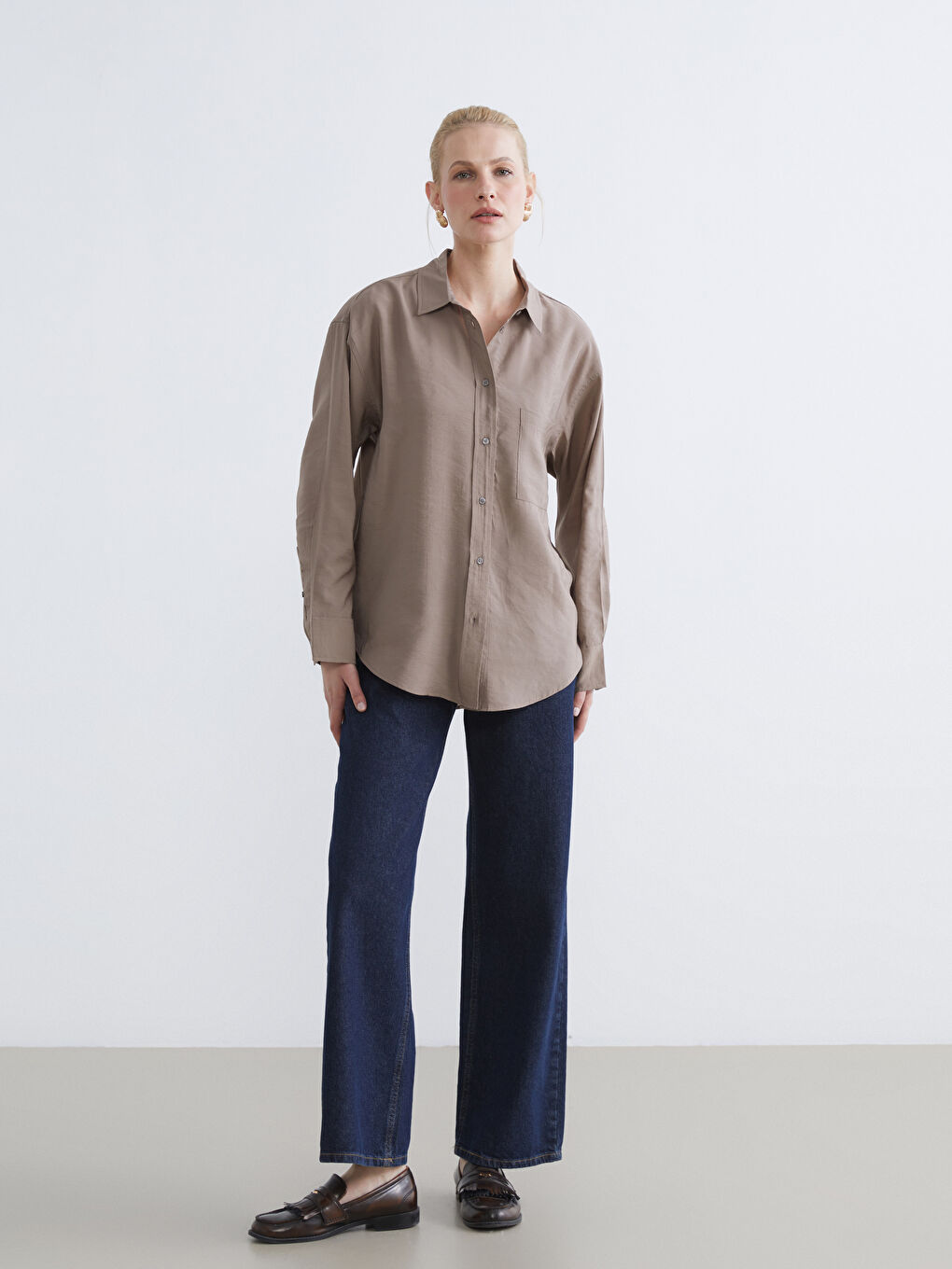 Bej Cepli Modal Karışımlı Kadın Gömlek-1