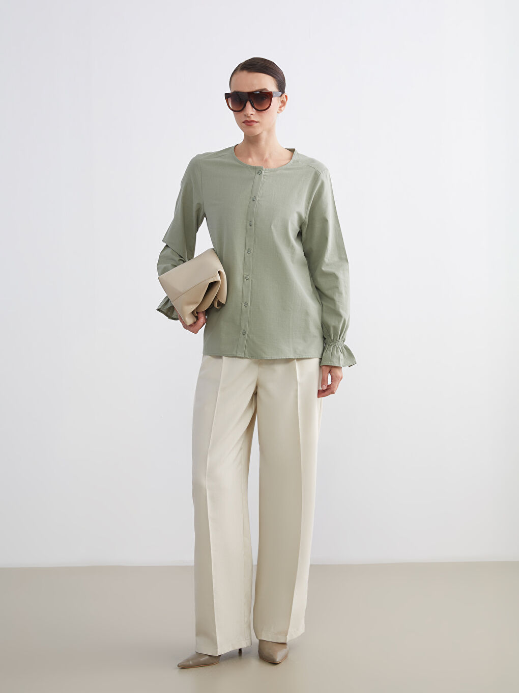 Yeşil Bisiklet Yaka Kadın Gömlek-1