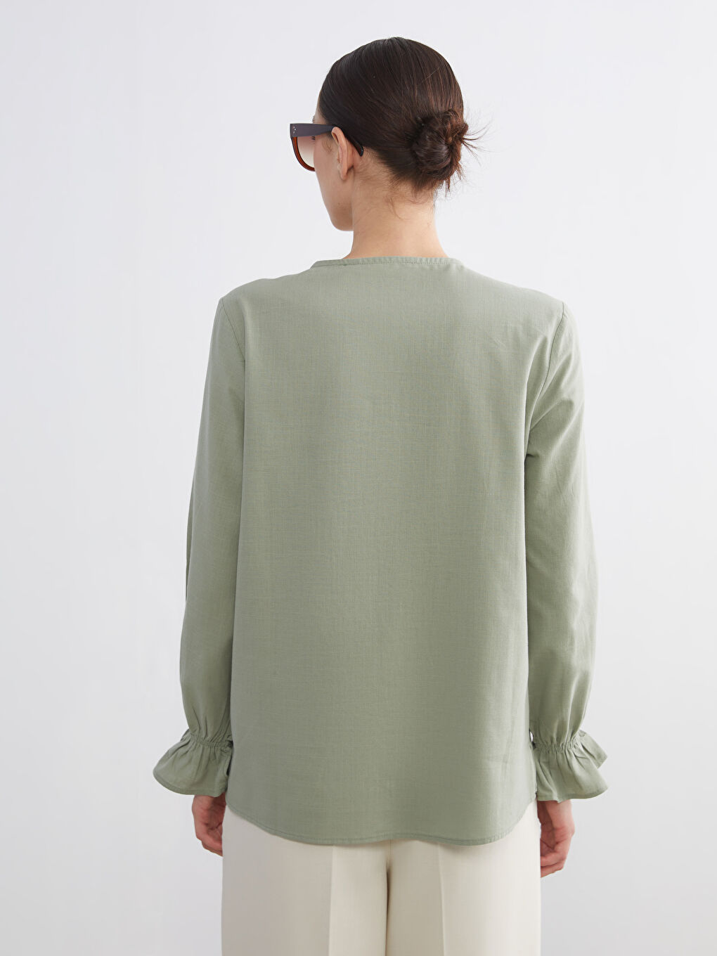 Yeşil Bisiklet Yaka Kadın Gömlek-3