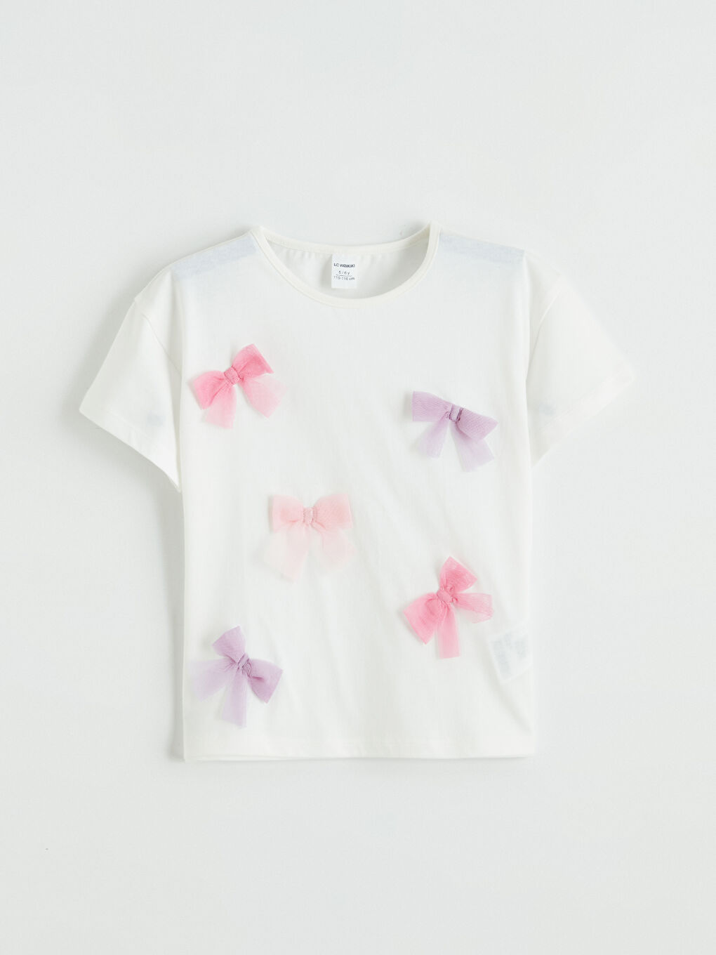 Ekru Kurdele Nakışlı Kız Çocuk Tişört