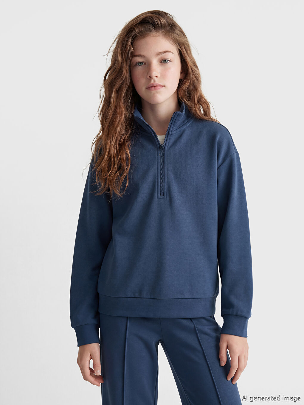 İndigo Dik Yaka Kız Çocuk Soft Touch Sweatshirt ve Tayt-1