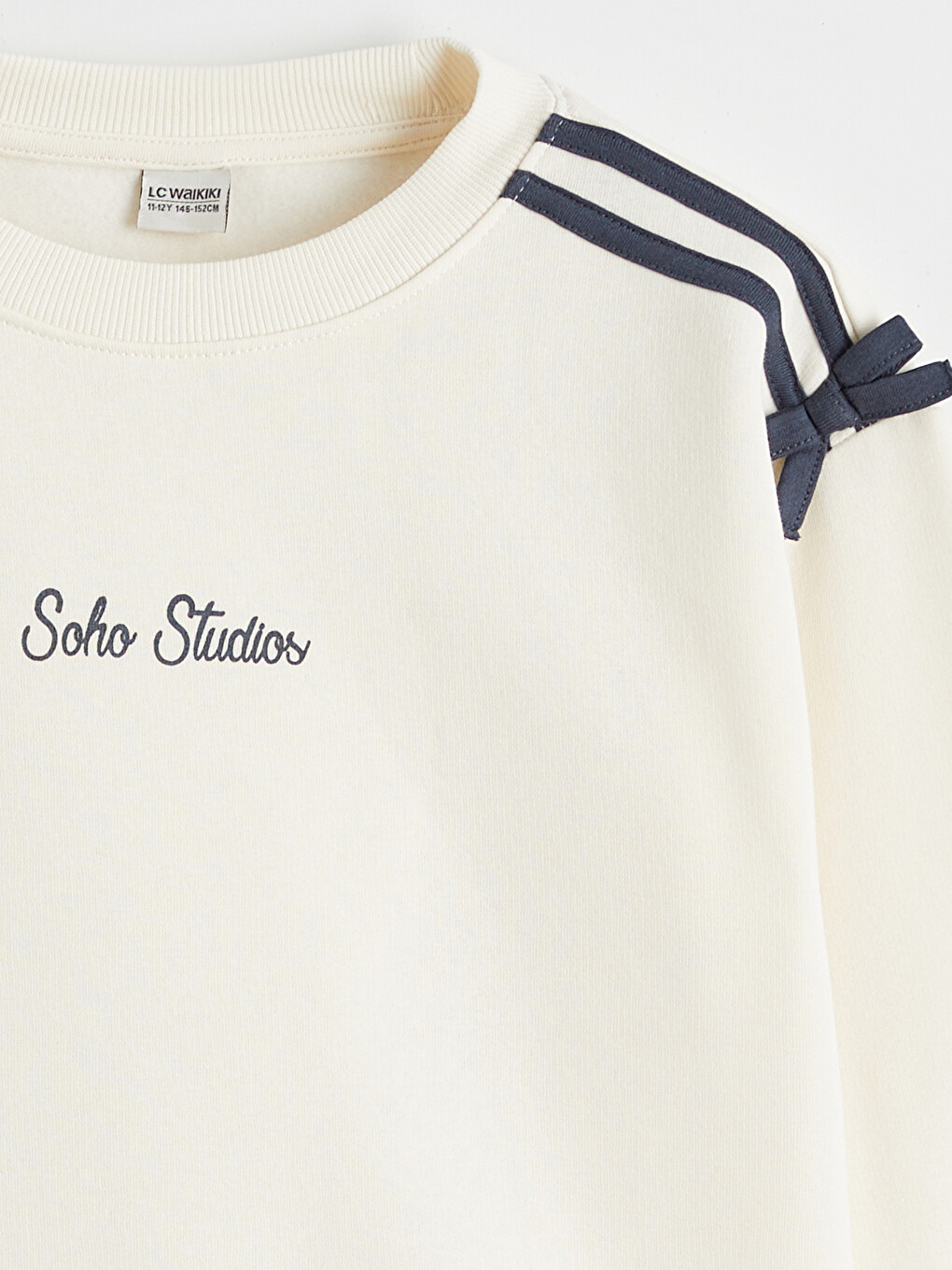Ekru Fiyonk Detaylı Bisiklet Yaka Kız Çocuk Sweatshirt-2
