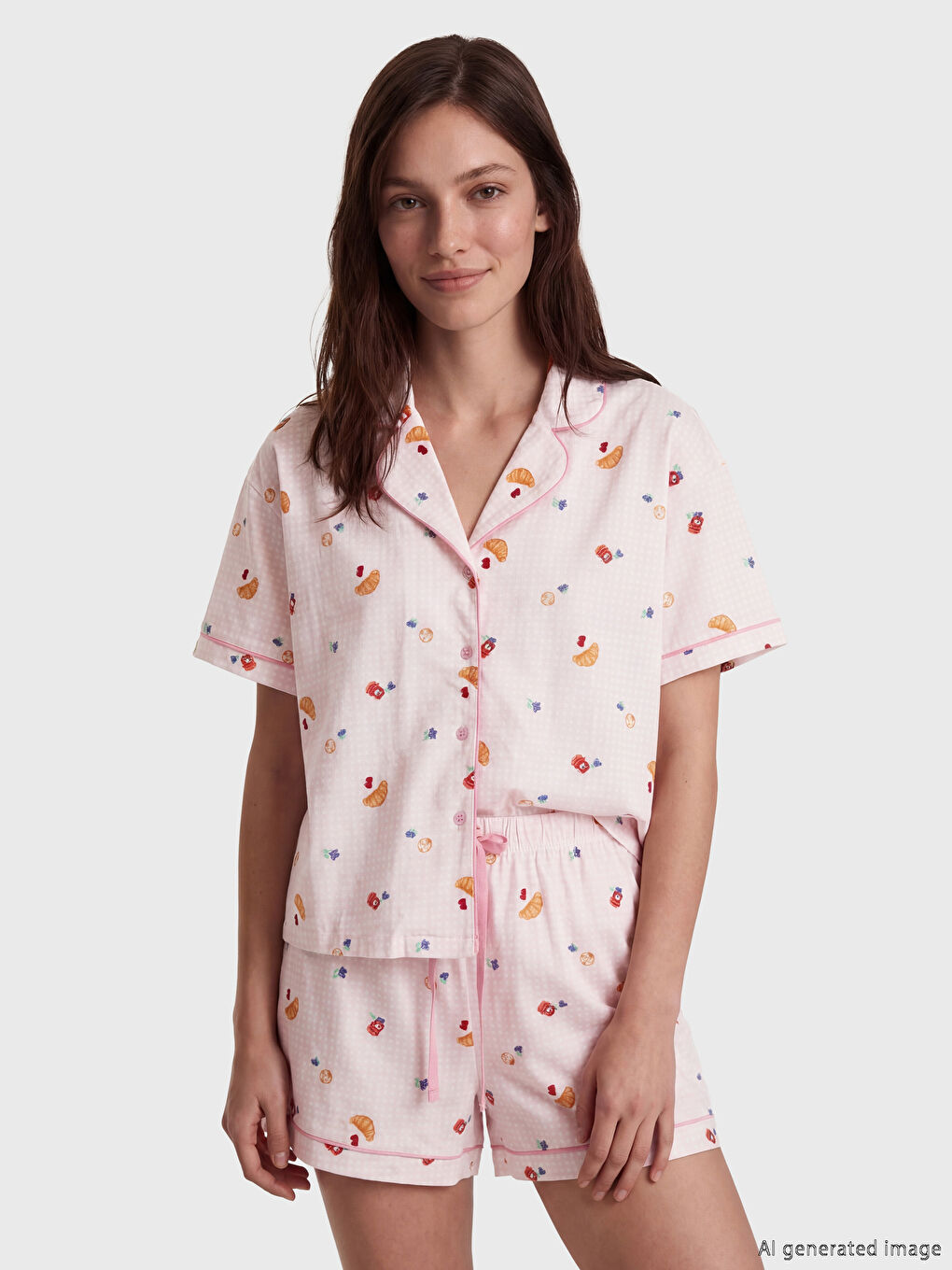 Set de pijamale scurte imprimat pentru femei cu guler de cămașă-1