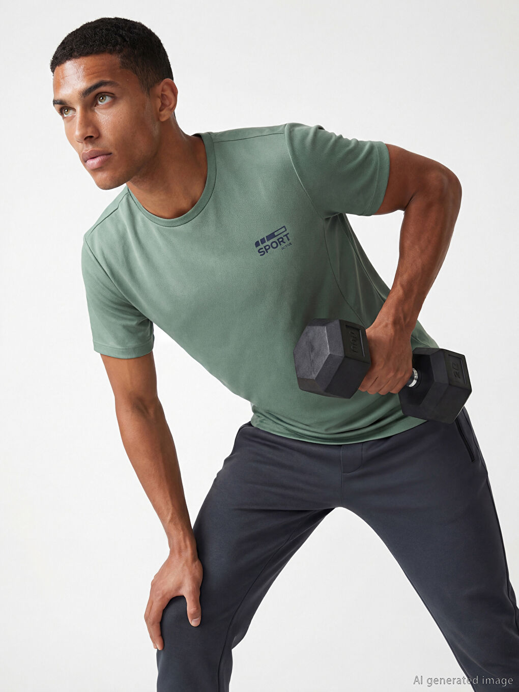 Yeşil Bisiklet Yaka Baskılı Erkek Spor Tişört