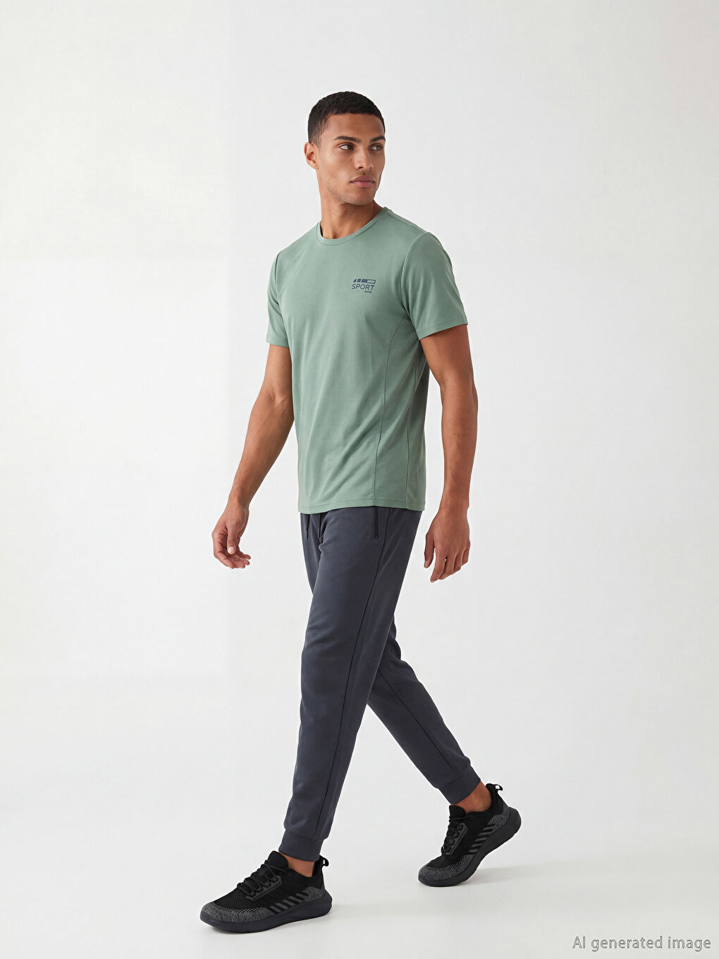 Yeşil Bisiklet Yaka Baskılı Erkek Spor Tişört-1