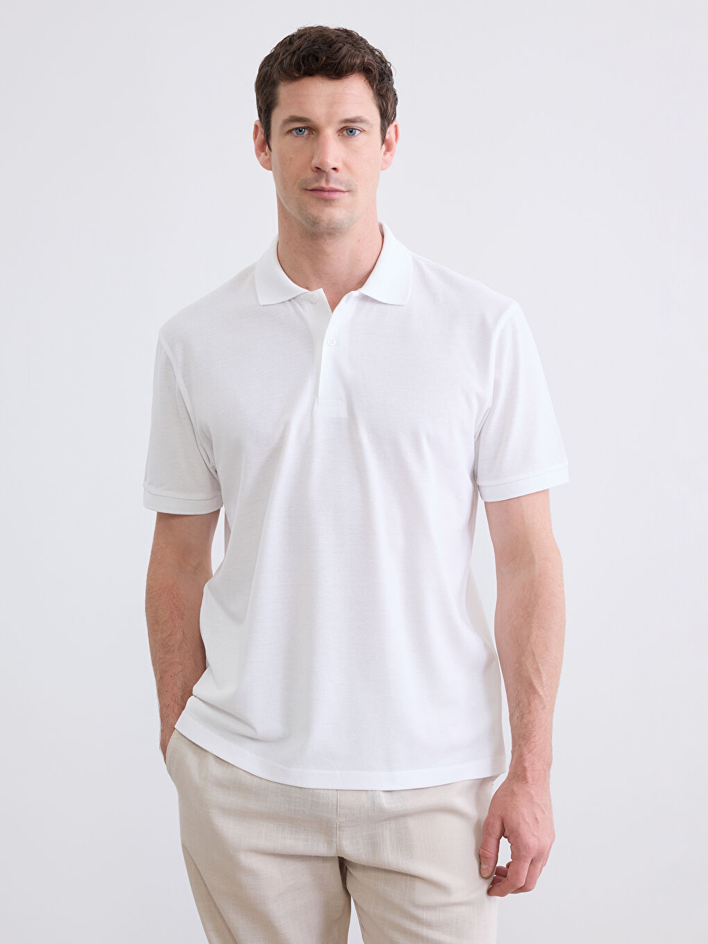 Beyaz Polo Yaka  Pike Erkek Tişört