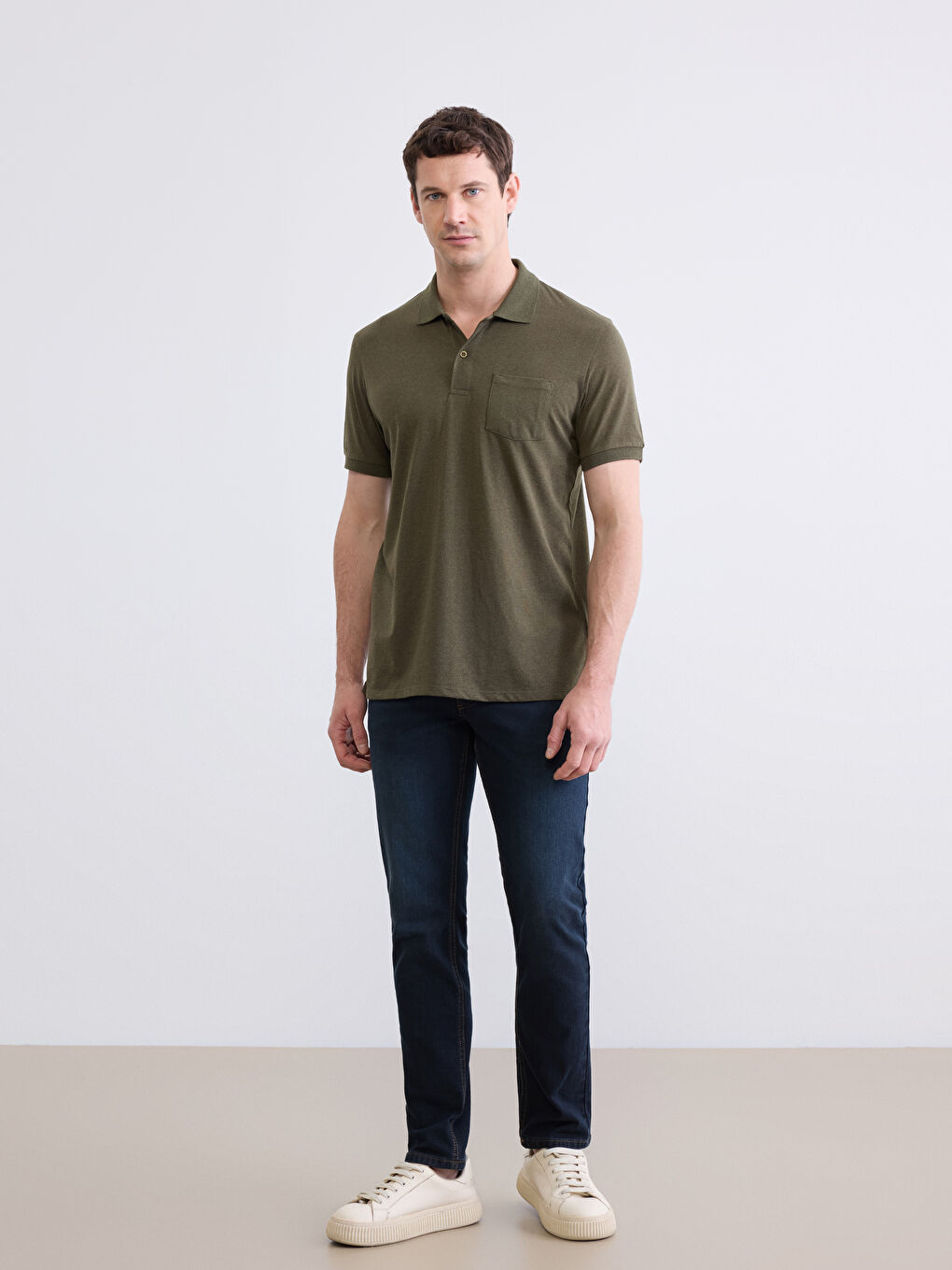 Haki Polo Yaka Penye Erkek Tişört-1