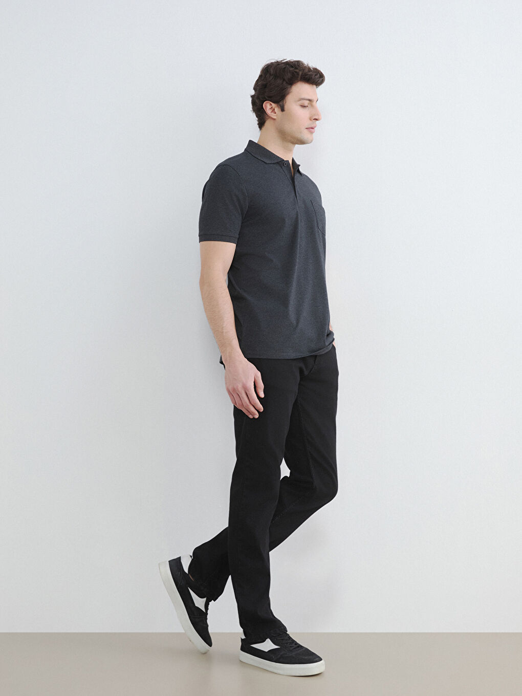 Antrasit Polo Yaka Penye Erkek Tişört-1