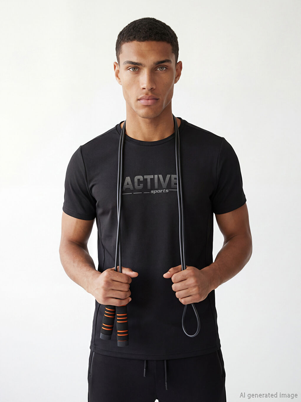 Siyah Bisiklet Yaka Baskılı Erkek Spor Tişört