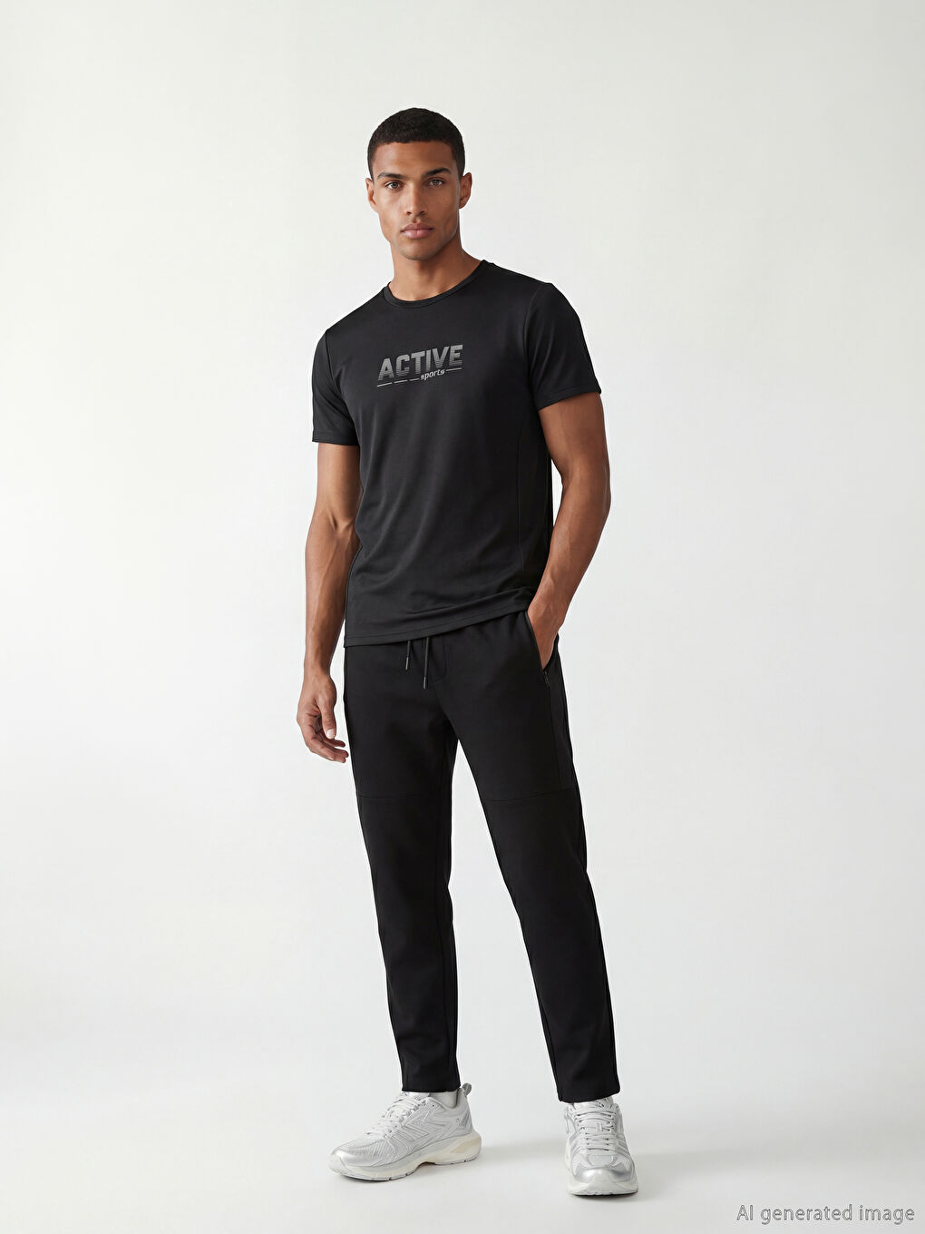 Siyah Bisiklet Yaka Baskılı Erkek Spor Tişört-1