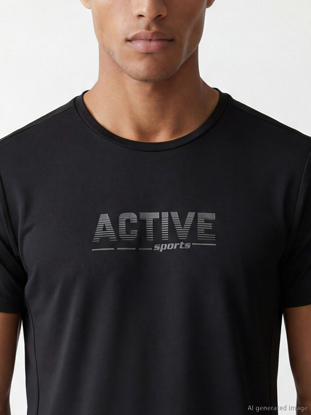 Siyah Bisiklet Yaka Baskılı Erkek Spor Tişört-2