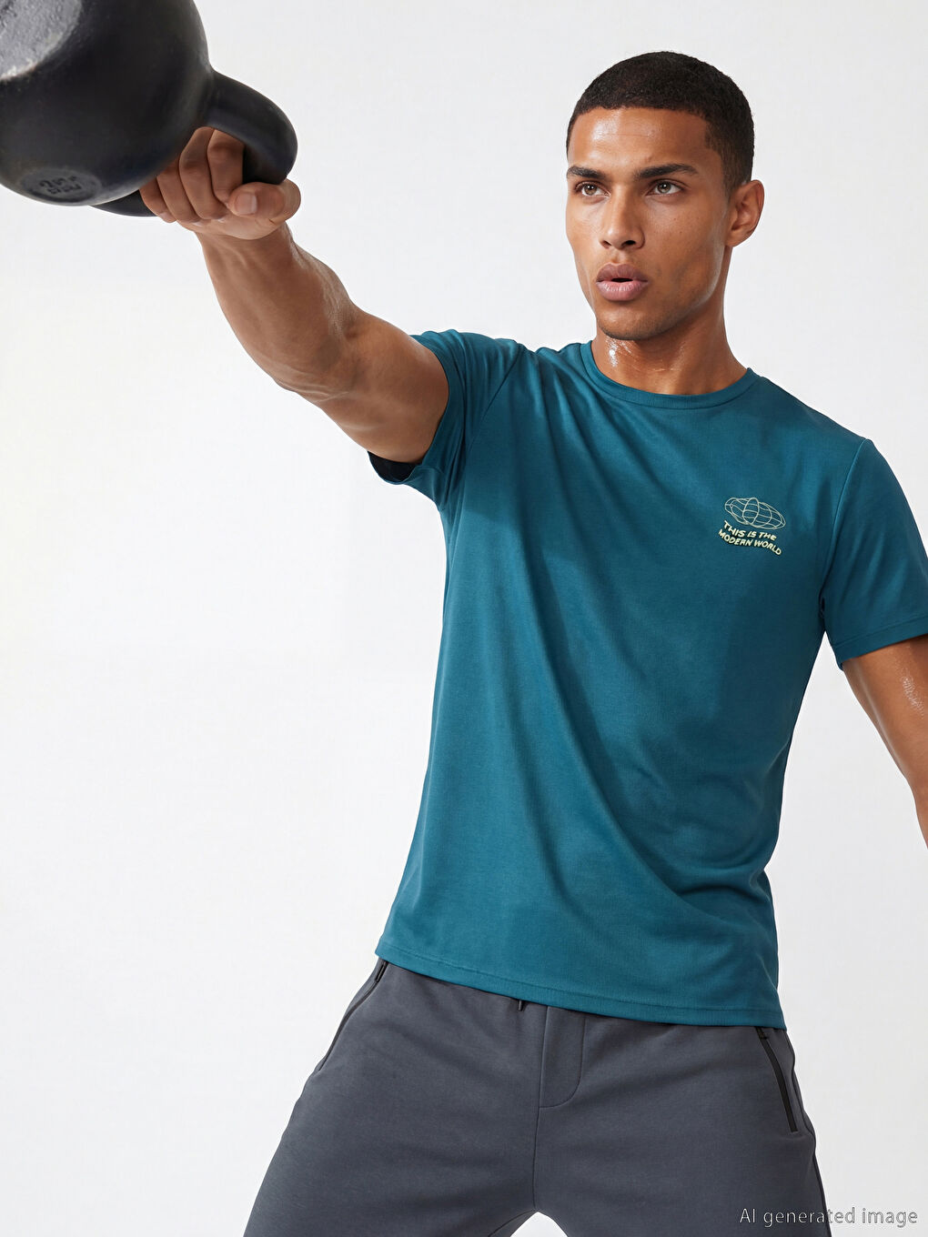 Petrol Slim Fit Baskılı Erkek Spor Tişört