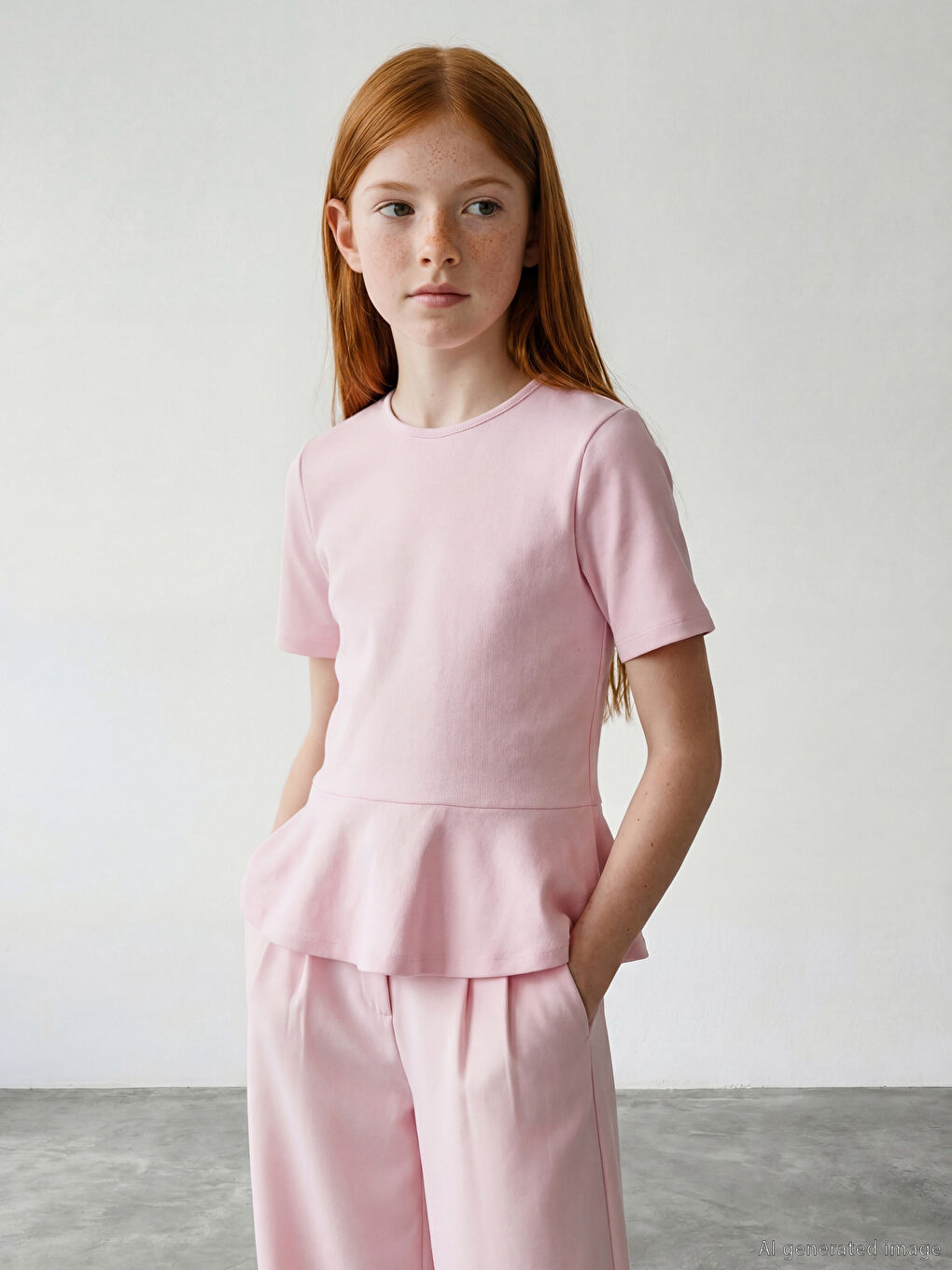 Pembe Bisiklet Yaka Kız Çocuk Volanlı Tişört