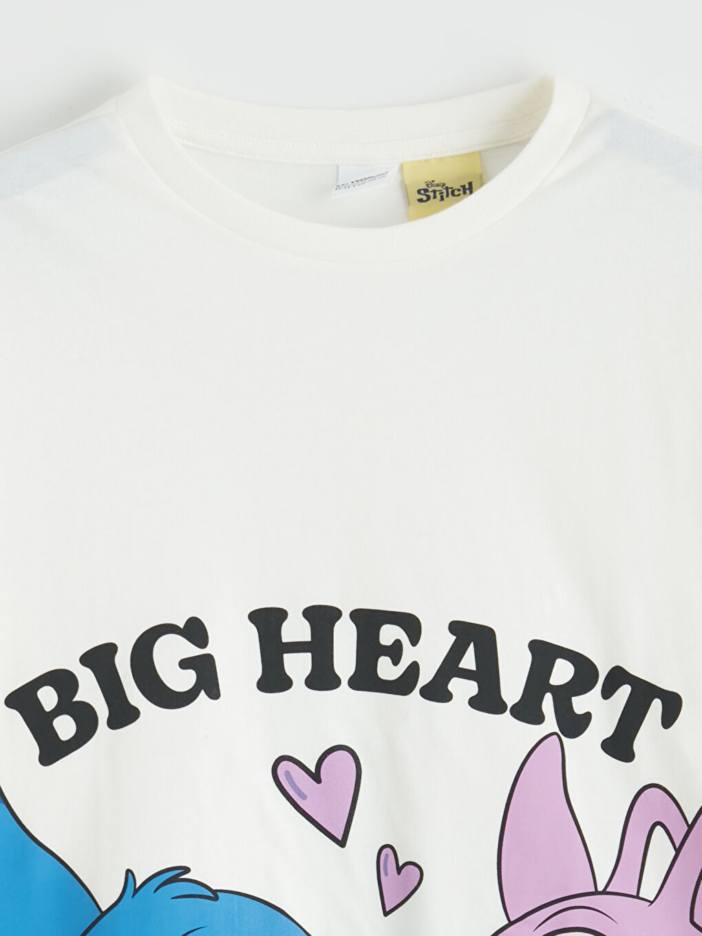 Ekru Bisiklet Yaka Stitch ve Angel Baskılı Kız Çocuk Tişört-1
