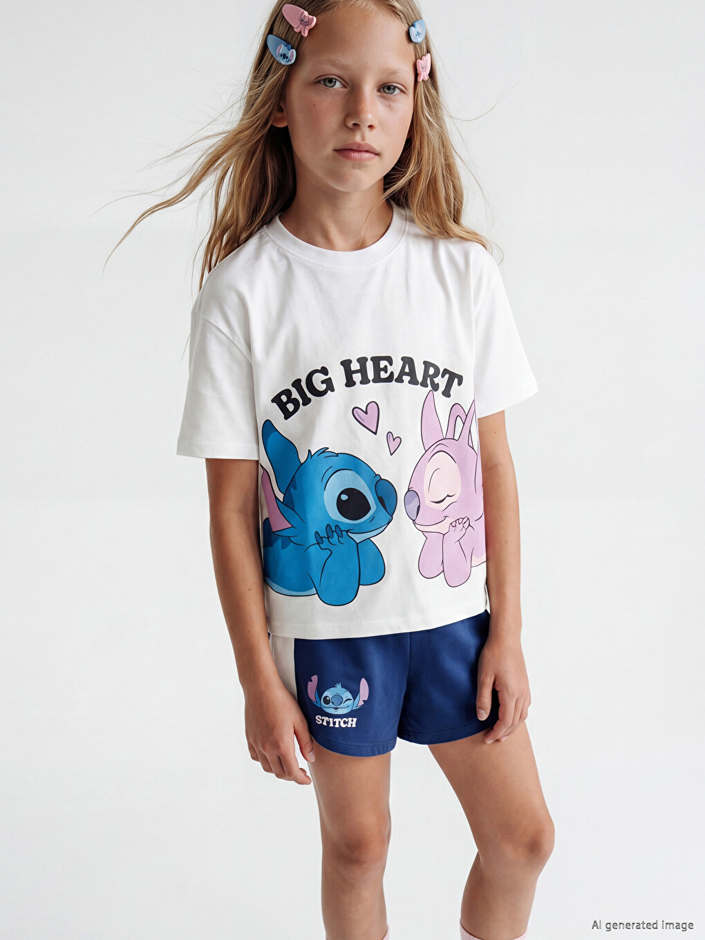 Beyaz Stitch ve Angel Baskılı Kız Çocuk Tişört-1