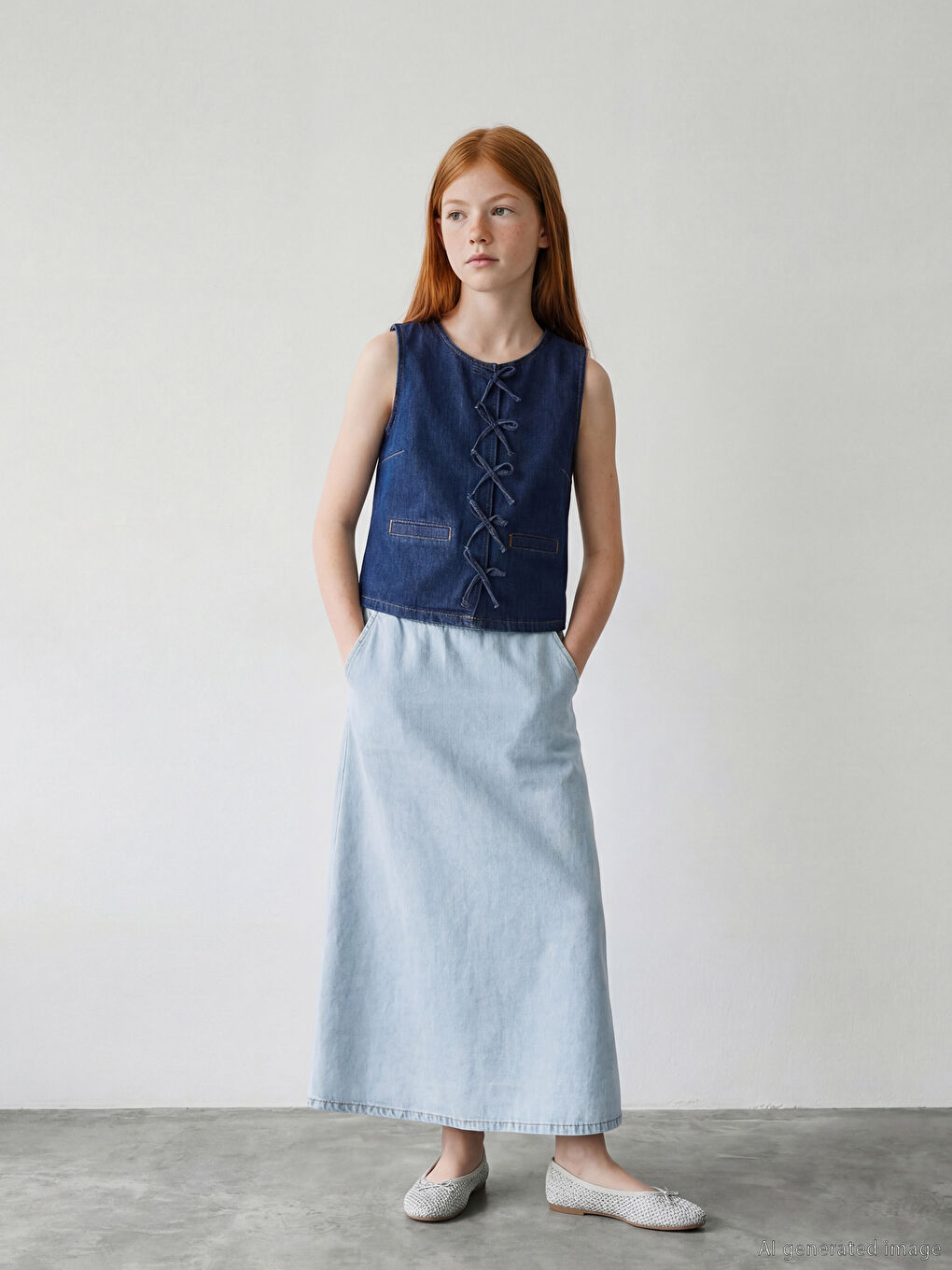 İndigo Fiyonk Detaylı Kız Çocuk Jean Yelek-2