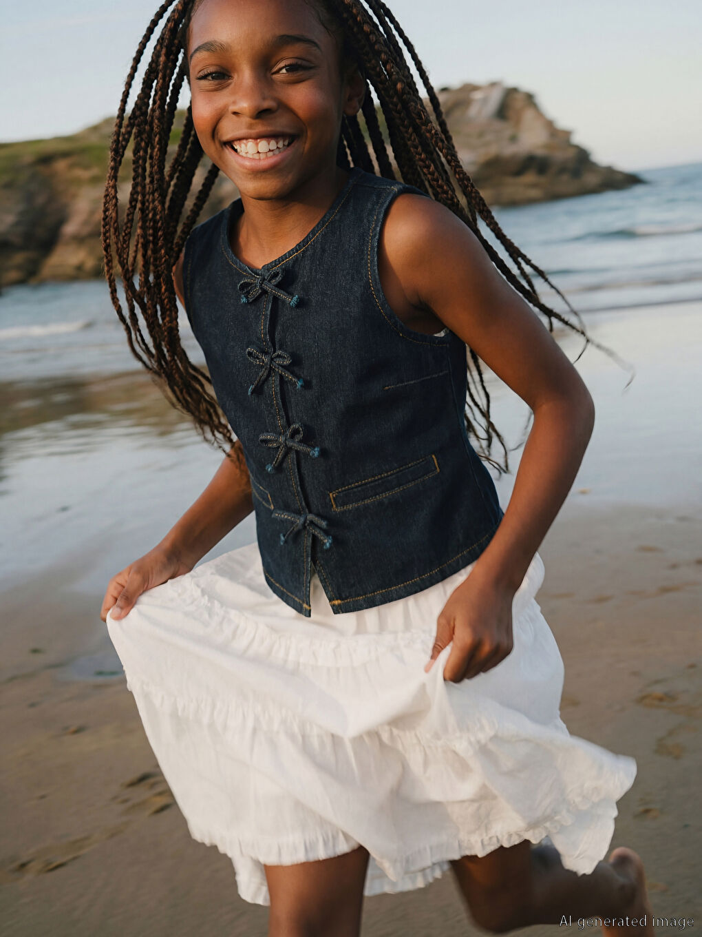 İndigo Fiyonk Detaylı Kız Çocuk Jean Yelek