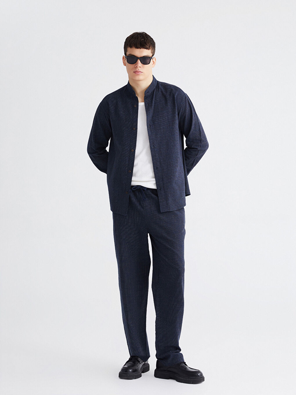 Regular Fit Grandad Collar Linen-Look Men's Shirt-1