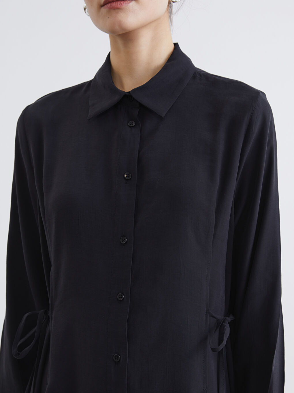 Siyah Beli Bağlamalı Modal Karışımlı Gömlek Elbise-2