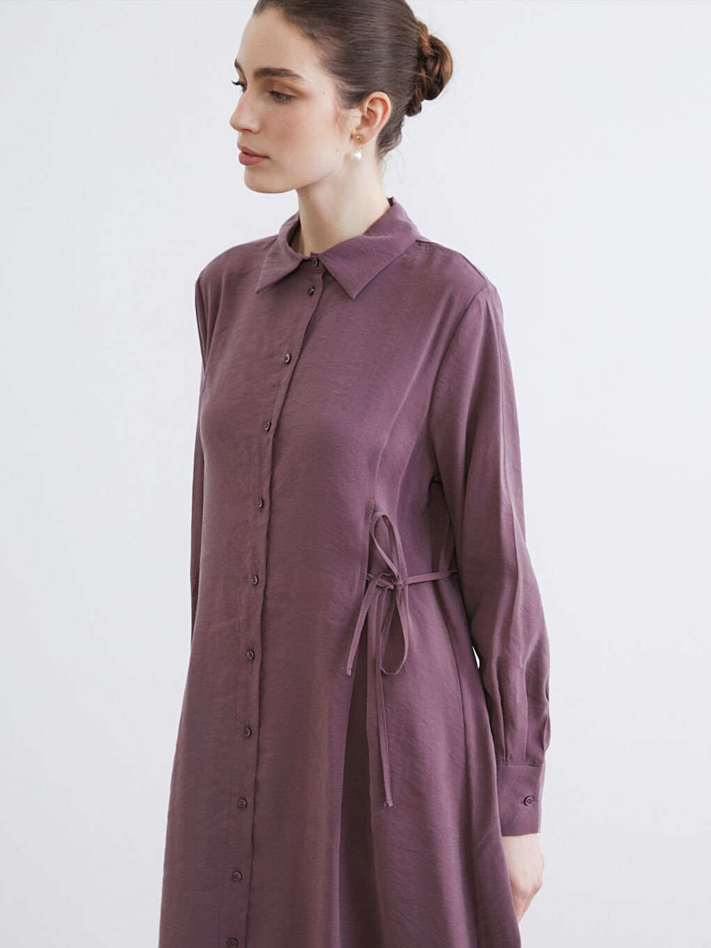 Pembe Beli Bağlamalı Modal Karışımlı Gömlek Elbise-1