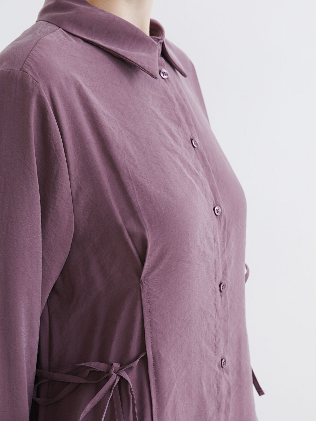 Pembe Beli Bağlamalı Modal Karışımlı Gömlek Elbise-2