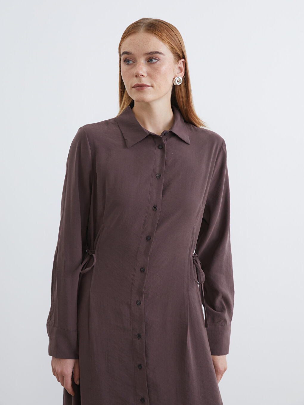 Kahverengi Beli Bağlamalı Modal Karışımlı Gömlek Elbise-1