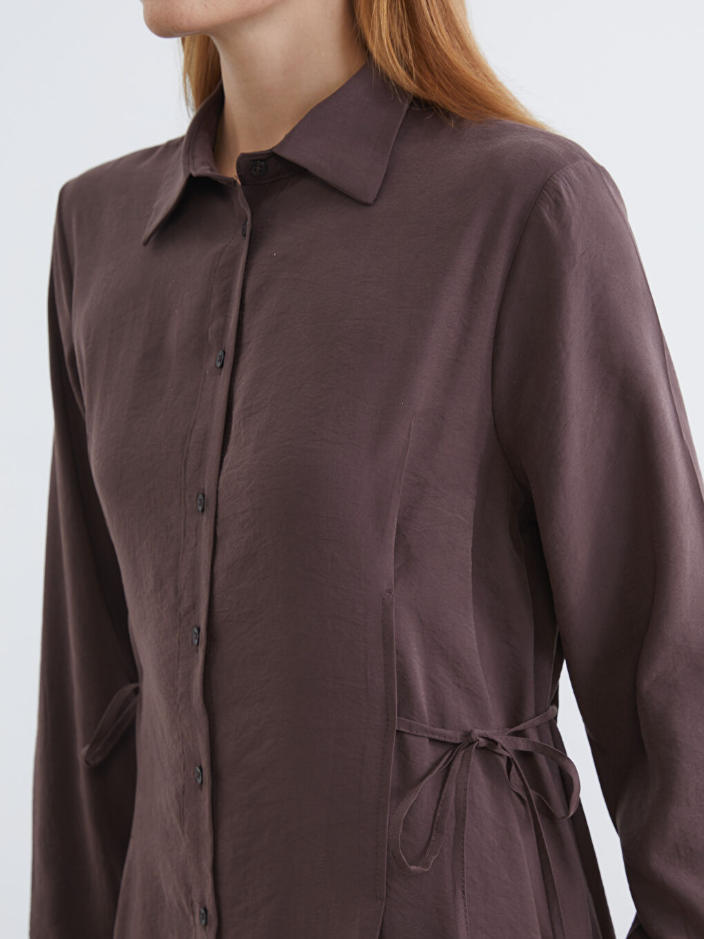 Kahverengi Beli Bağlamalı Modal Karışımlı Gömlek Elbise-2