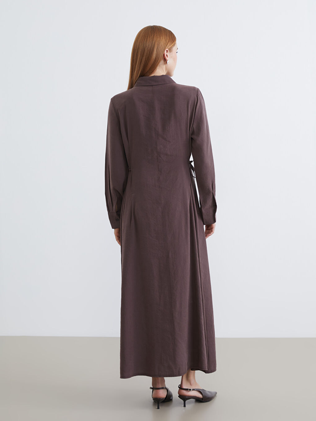 Kahverengi Beli Bağlamalı Modal Karışımlı Gömlek Elbise-3