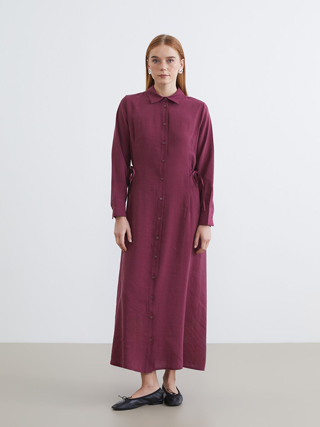 Bordo Beli Bağlamalı Modal Karışımlı Gömlek Elbise-1