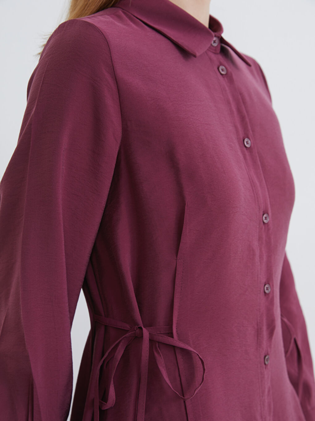 Bordo Beli Bağlamalı Modal Karışımlı Gömlek Elbise-2