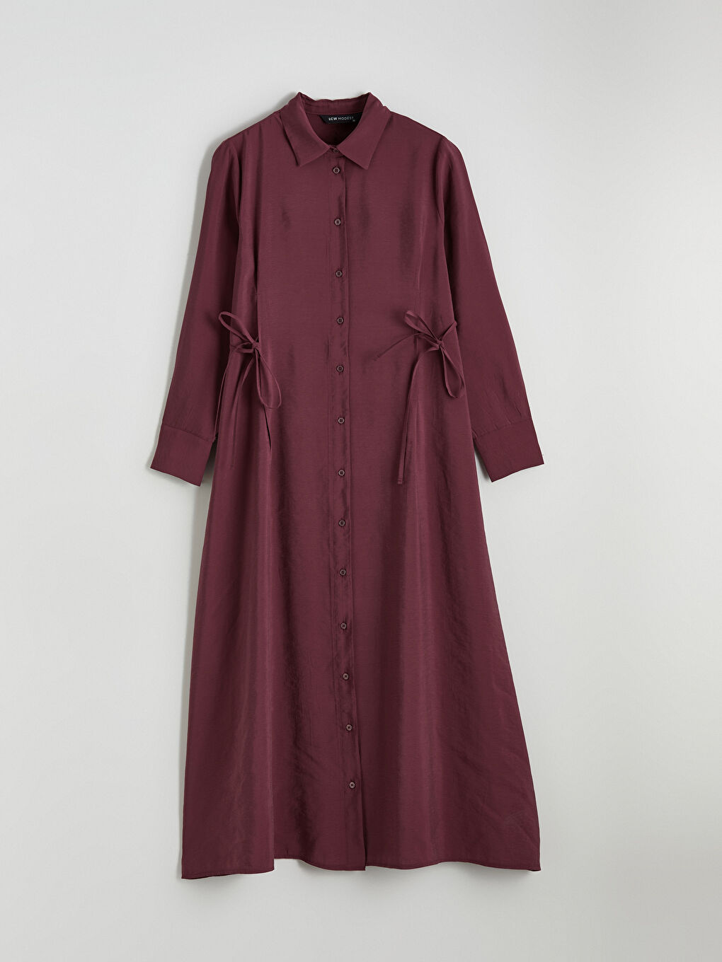 Bordo Beli Bağlamalı Modal Karışımlı Gömlek Elbise-4