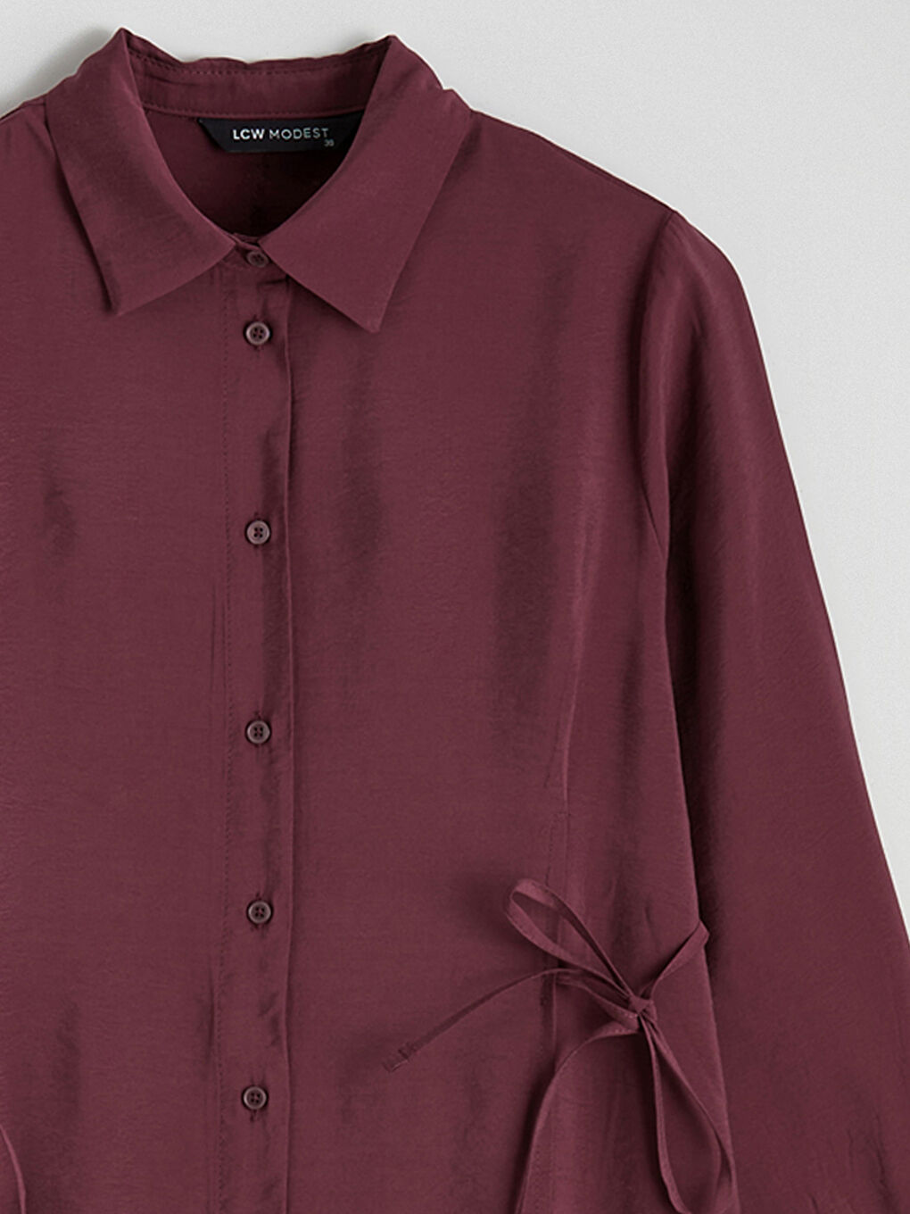 Bordo Beli Bağlamalı Modal Karışımlı Gömlek Elbise-5