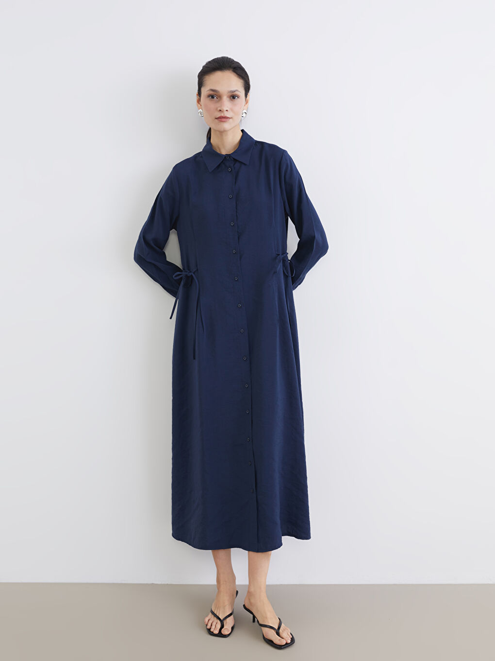 Lacivert Beli Bağlamalı Modal Karışımlı Gömlek Elbise
