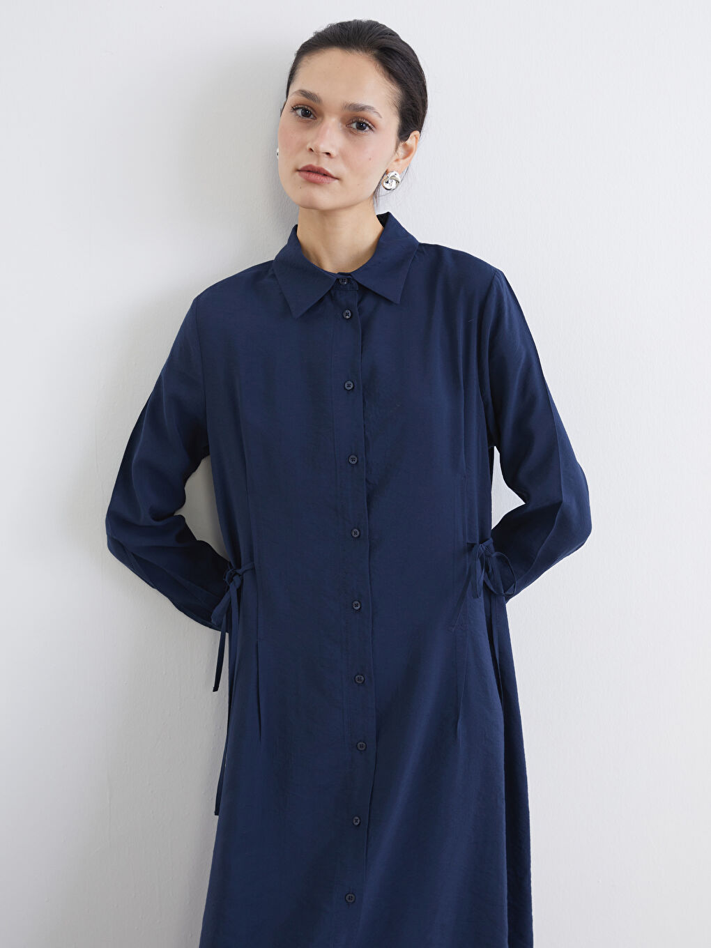 Lacivert Beli Bağlamalı Modal Karışımlı Gömlek Elbise-1