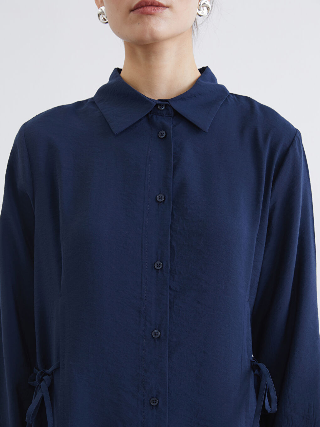 Lacivert Beli Bağlamalı Modal Karışımlı Gömlek Elbise-2