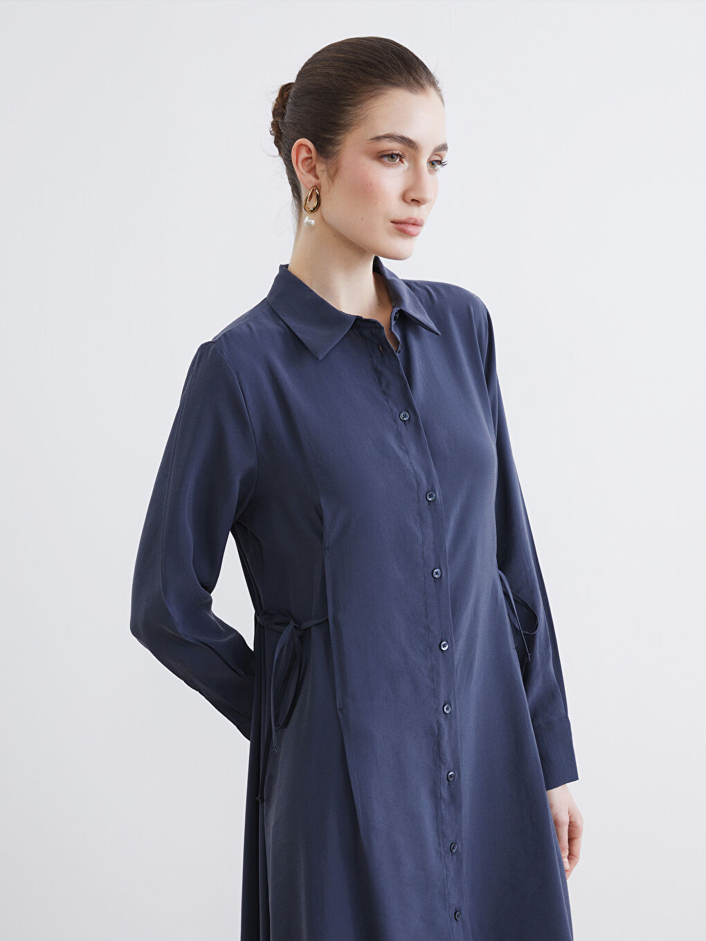 Gri Beli Bağlamalı Modal Karışımlı Gömlek Elbise-1