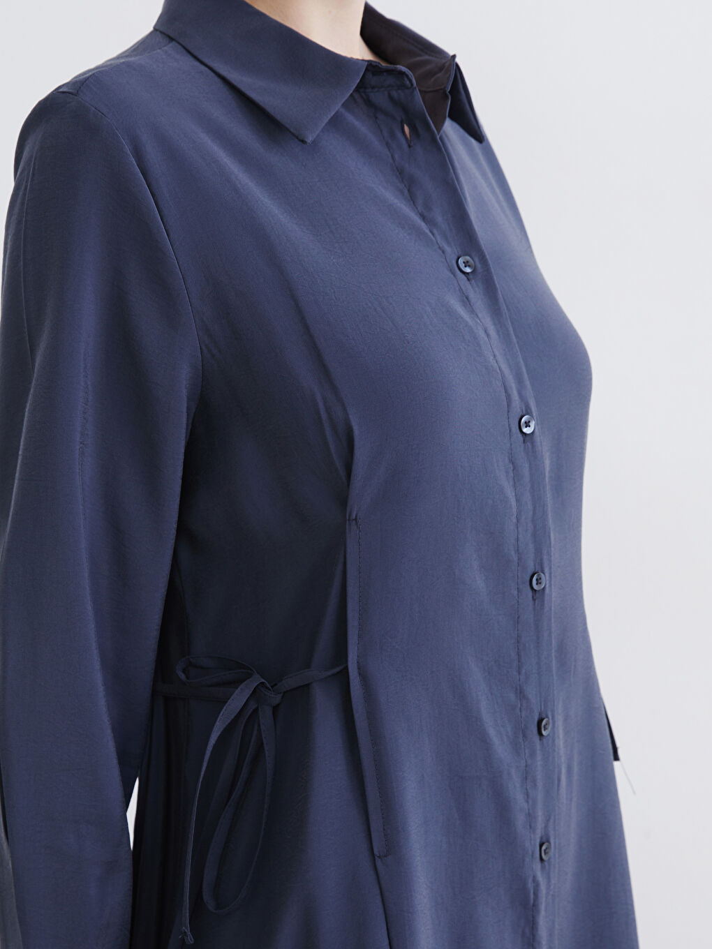 Gri Beli Bağlamalı Modal Karışımlı Gömlek Elbise-2